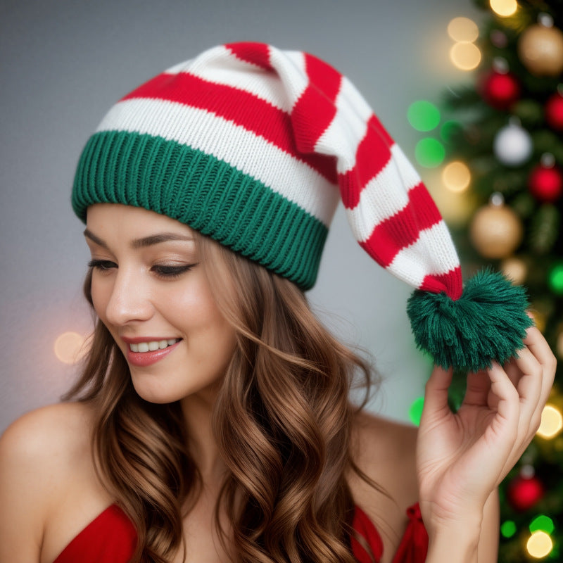 Christmas Striped Knit Beanie with Pom Pom, Festive Winter Hat