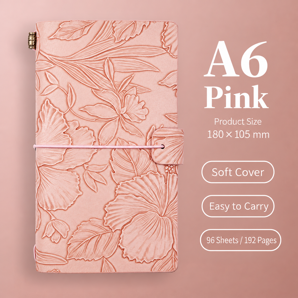 Floral Embossed Journal with Elastic Closure in Four Pastel Colors