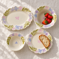 Pastel Floral Ceramic Dinnerware Set, 4 Pieces with Scalloped Edges