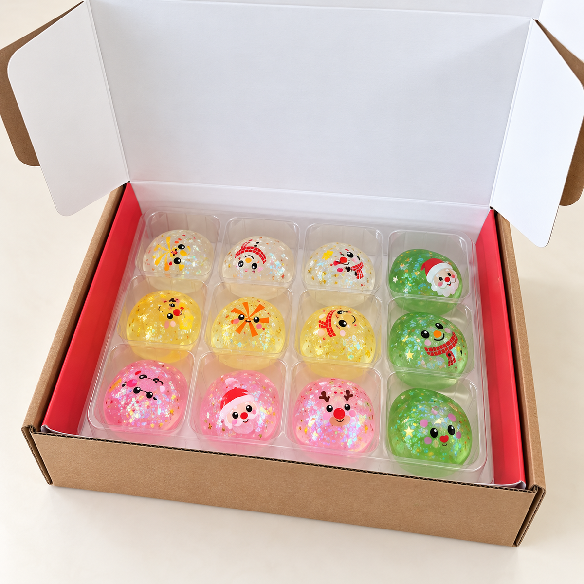 Christmas Crystal Squishy TPR Toys with Festive Designs 12 Piece Box