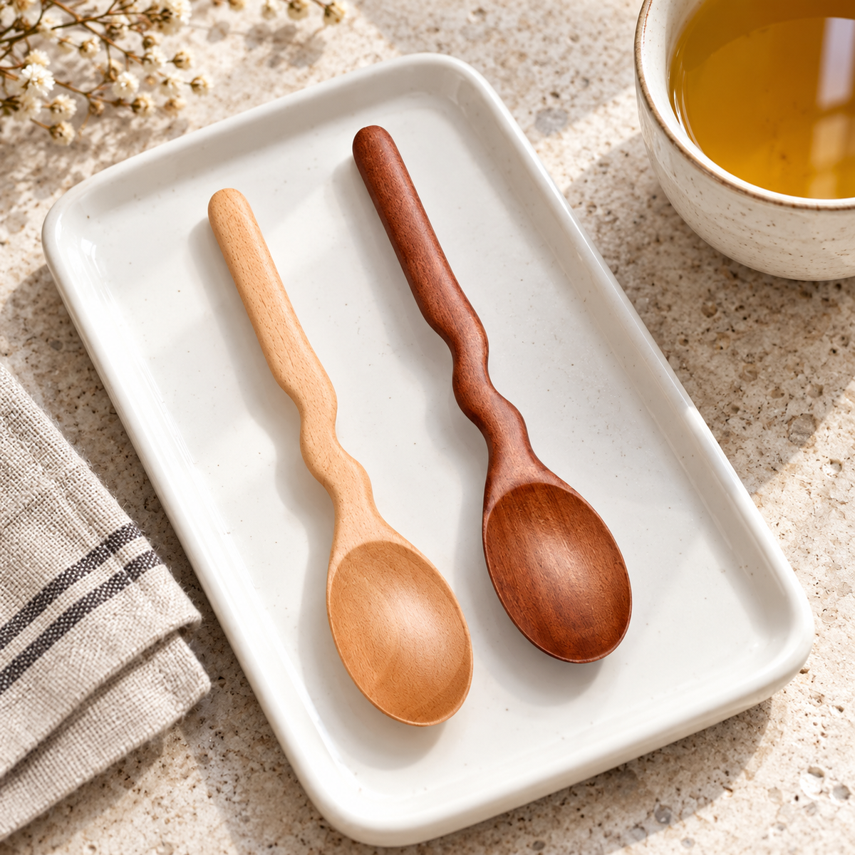 Wooden Dessert Fork and Spoon with Curved Handles in Two Finishes