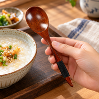 Wide Bowl Nanmu Wood Spoon with Black Cord Handle