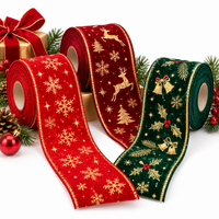 Christmas Velvet Ribbon with Gold Reindeer and Snowflake Print