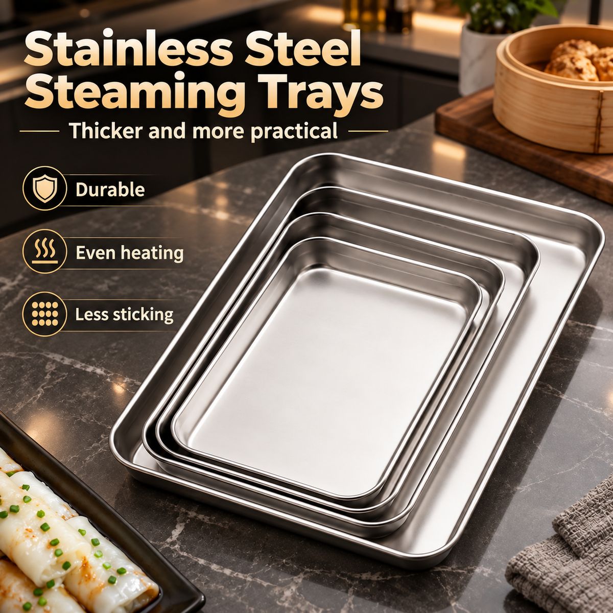 Flat Bottom Food Tray for Rice Noodle Rolls, Steaming and Food Serving