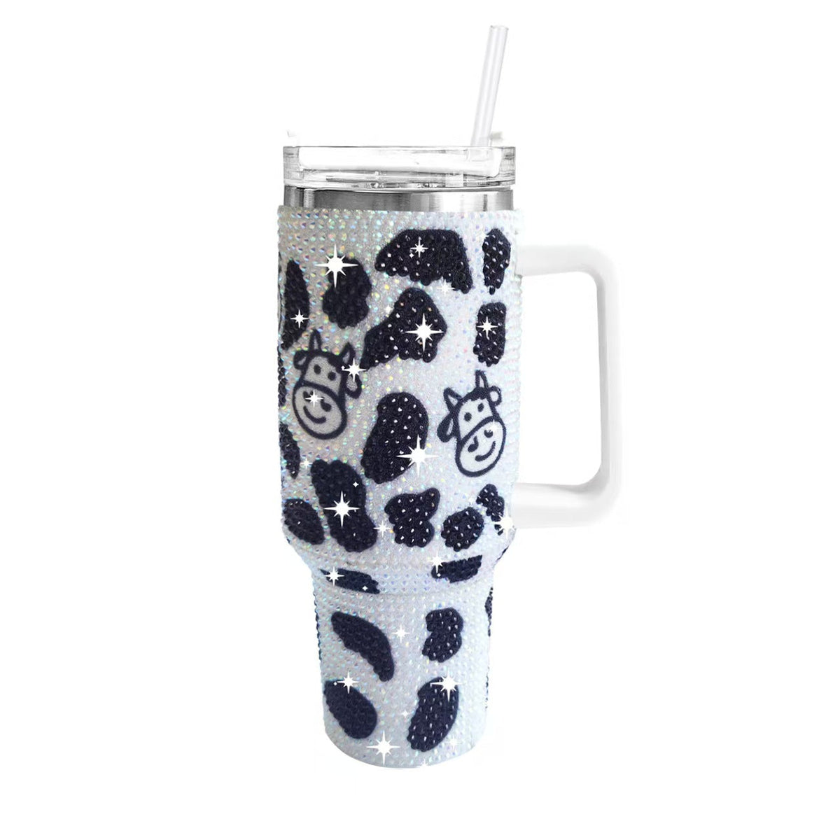 40oz Cow Print Rhinestone Tumbler With Handle Stainless Steel Insulated Travel Mug Large Capacity Sparkle Cup
