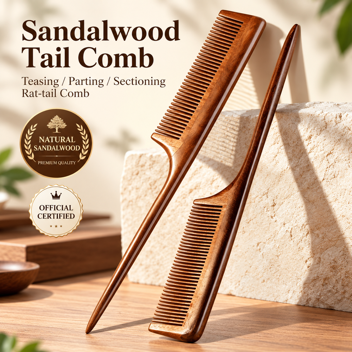 Sandalwood Fine Tooth Rat Tail Comb Natural Wooden Hair Styling Comb