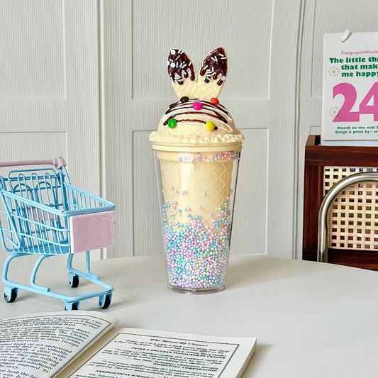 Bunny Double Wall Ice Crush Straw Cup 430ml – Cute Summer Portable Plastic Tumbler for Home & Office