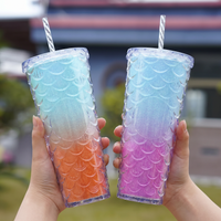 710ml Dual Tone Gradient Fish Scale Water Cup – Large Capacity AS Plastic Stylish Summer Tumbler