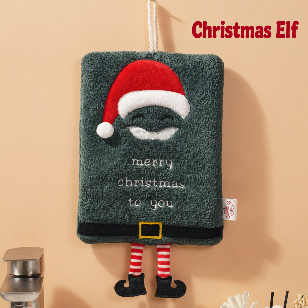 Christmas Hanging Hand Towel Plush Coral Fleece Santa Reindeer Kitchen Towel
