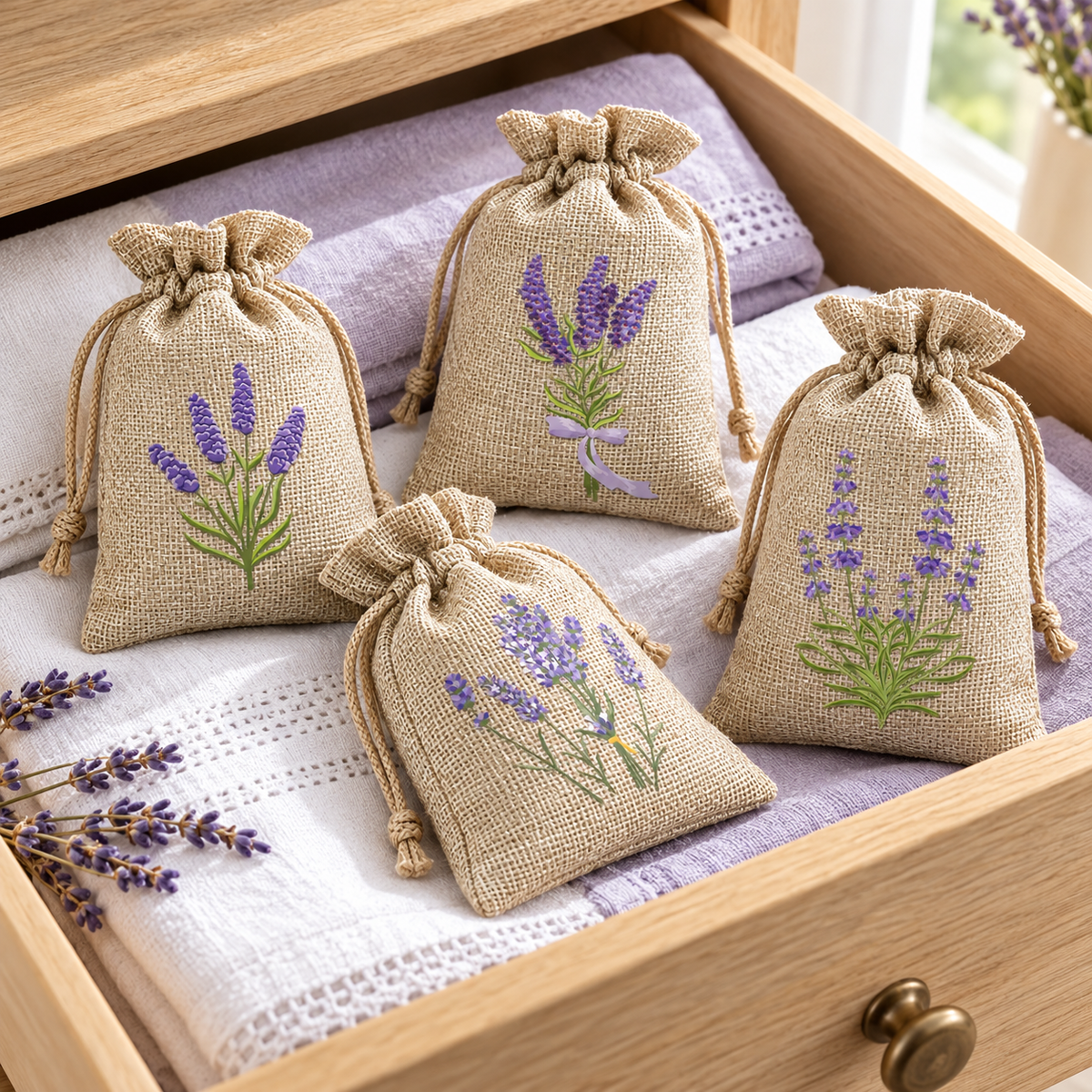 Lavender Print Burlap Drawstring Bag for Gifts and Small Item Storage