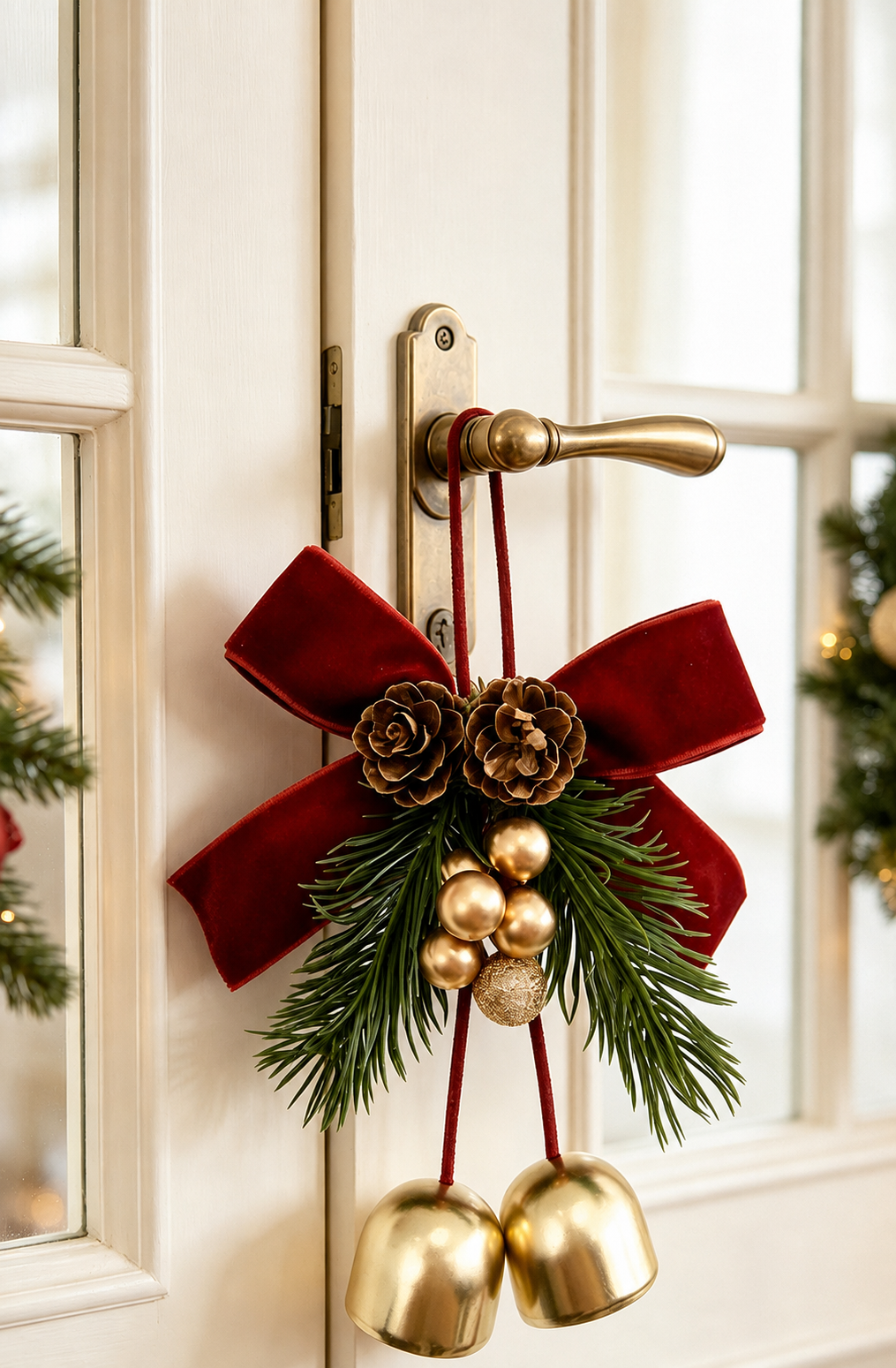 Christmas Bell Ornaments – Red Velvet Bow with Pinecones & Hanging Bells Christmas Tree Decorations
