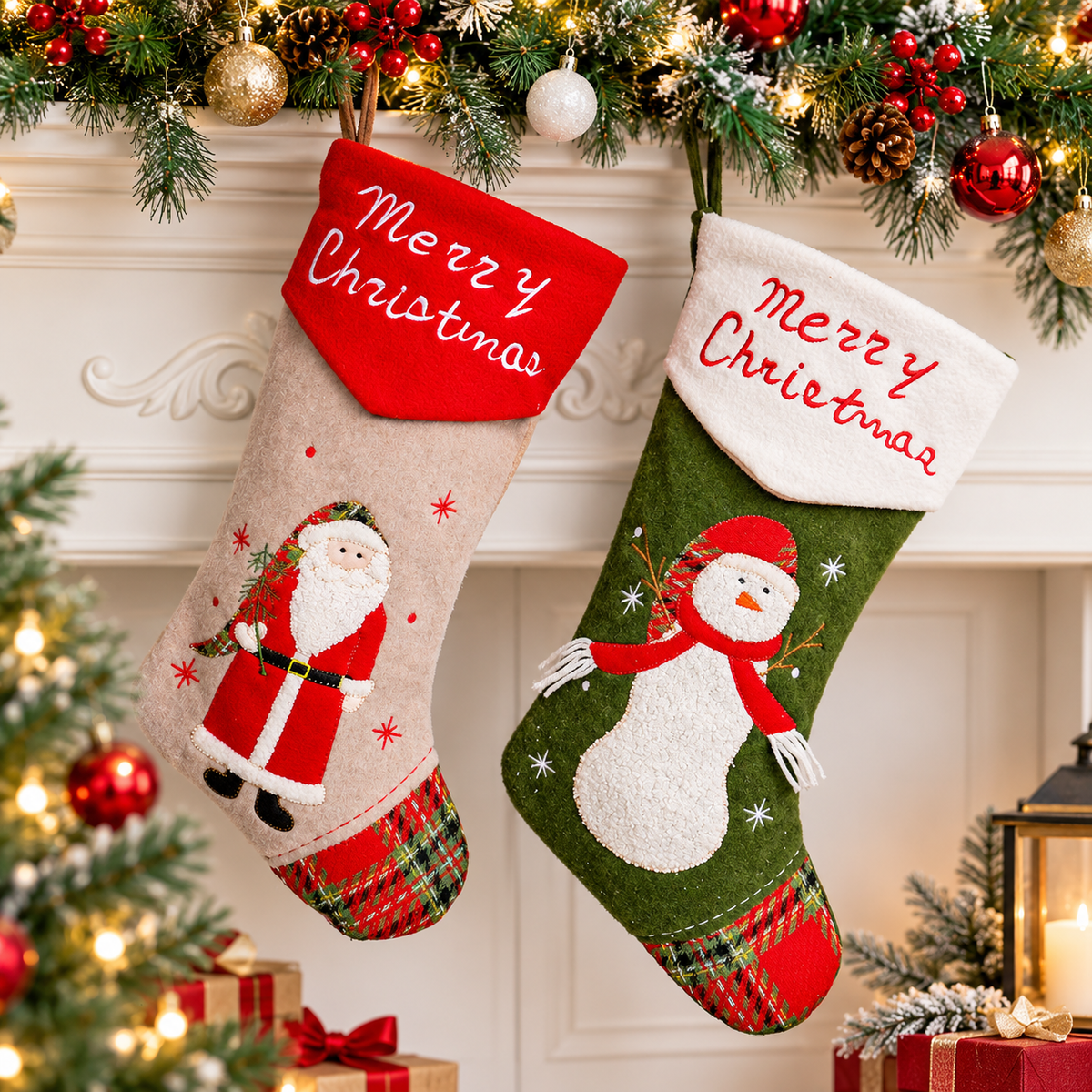 Christmas Stocking Santa Claus Snowman Embroidered Holiday Gift Candy Bag