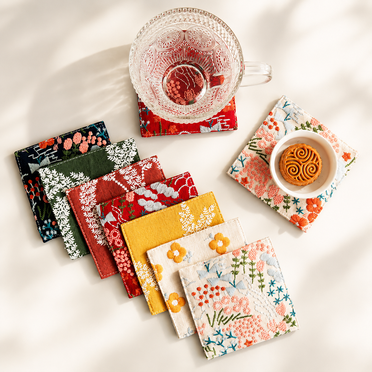 Embroidered Linen Coaster, Heat Resistant Coffee Cup Mat