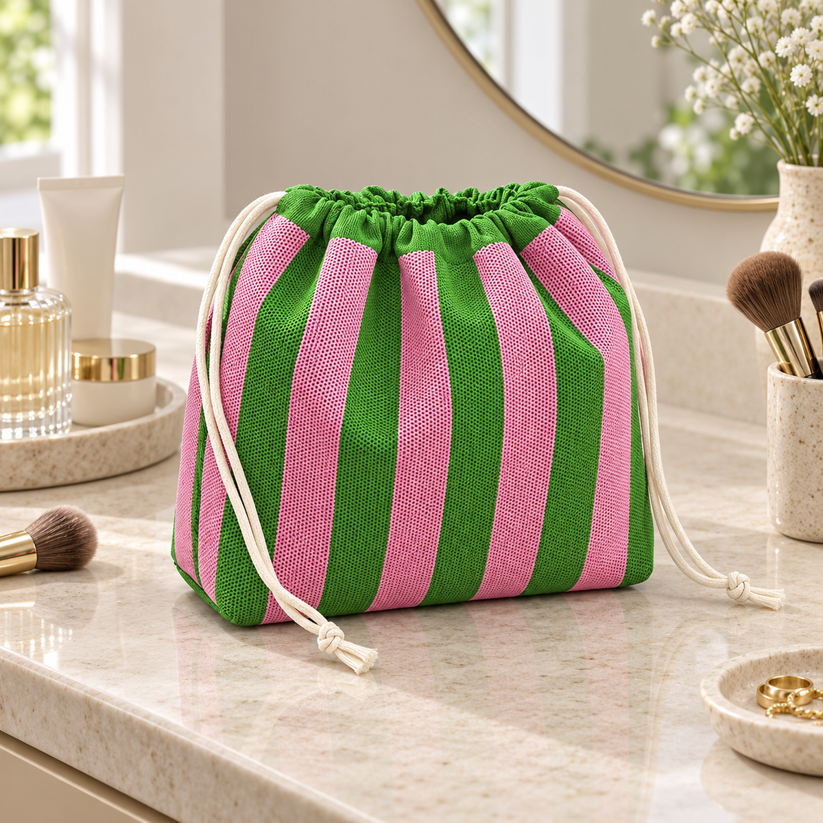Striped Drawstring Makeup and Travel Storage Bag