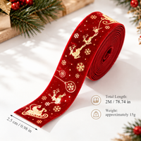 Christmas Velvet Ribbon with Gold Reindeer and Snowflake Print
