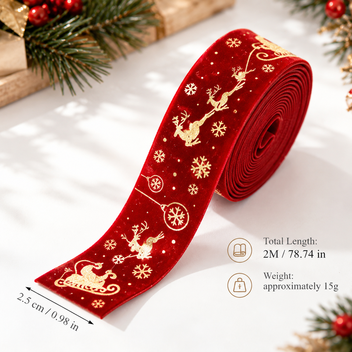 Christmas Velvet Ribbon with Gold Reindeer and Snowflake Print