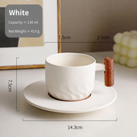 130ml Ceramic Coffee Cup with Saucer – Wooden Handle Espresso & Tea Cup Set for Café, Restaurant, Breakfast, Dessert & Home Use