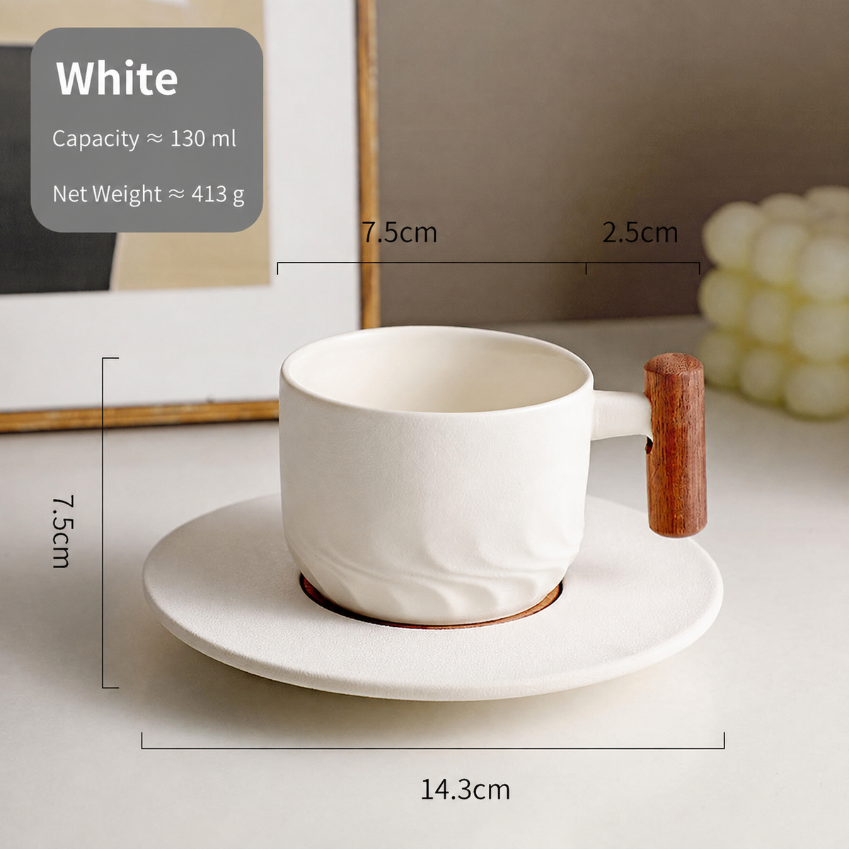 130ml Ceramic Coffee Cup with Saucer – Wooden Handle Espresso & Tea Cup Set for Café, Restaurant, Breakfast, Dessert & Home Use
