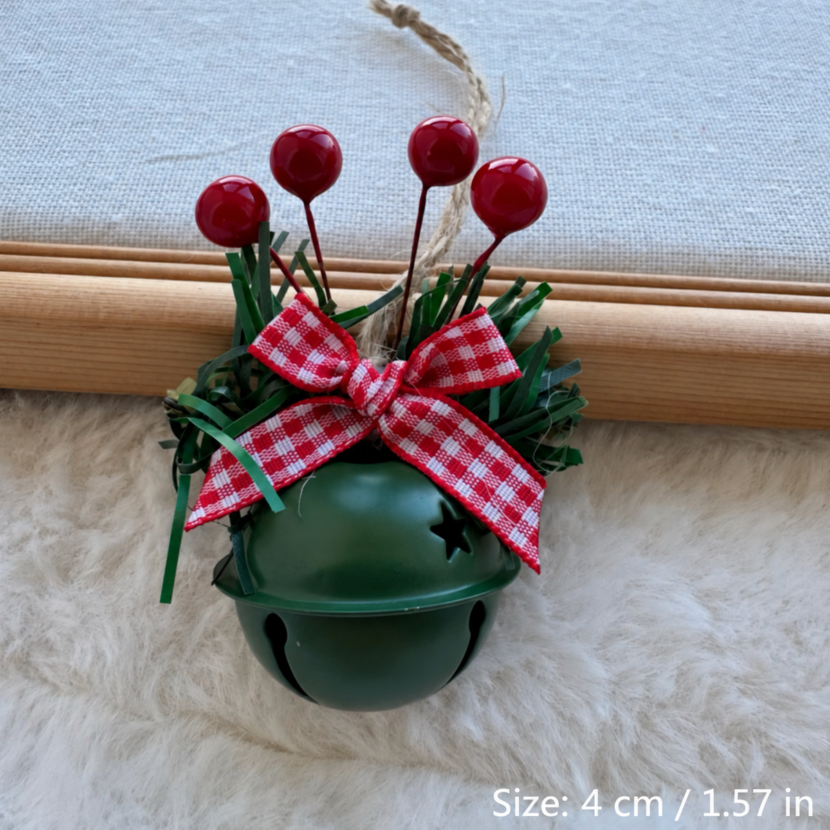 Rustic Christmas Jingle Bell Ornaments with Gingham Bows and Red Berries, 4 cm Hanging Decorations