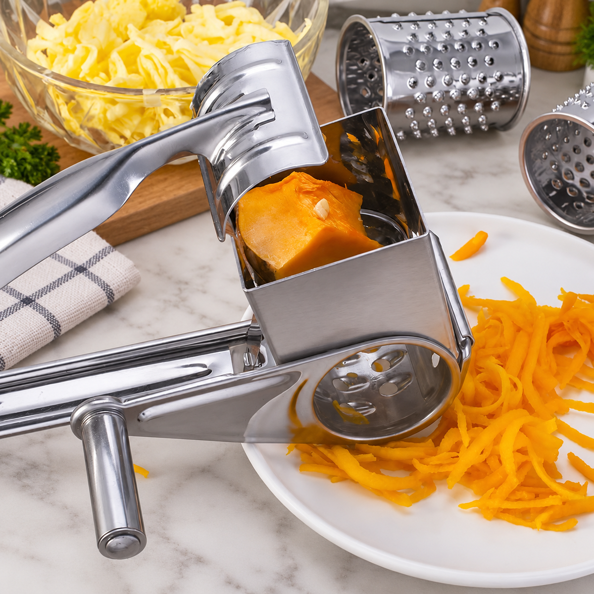 Stainless Steel Rotary Cheese Grater Hand Crank Cheese Shredder with Interchangeable Drums