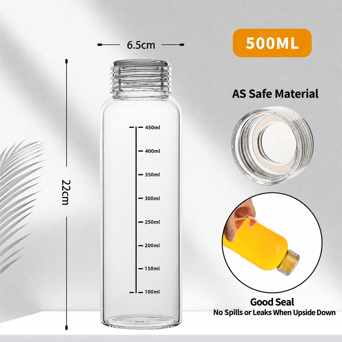 High Borosilicate Glass Water Bottle with AS Lid Heat Resistant Drink Container
