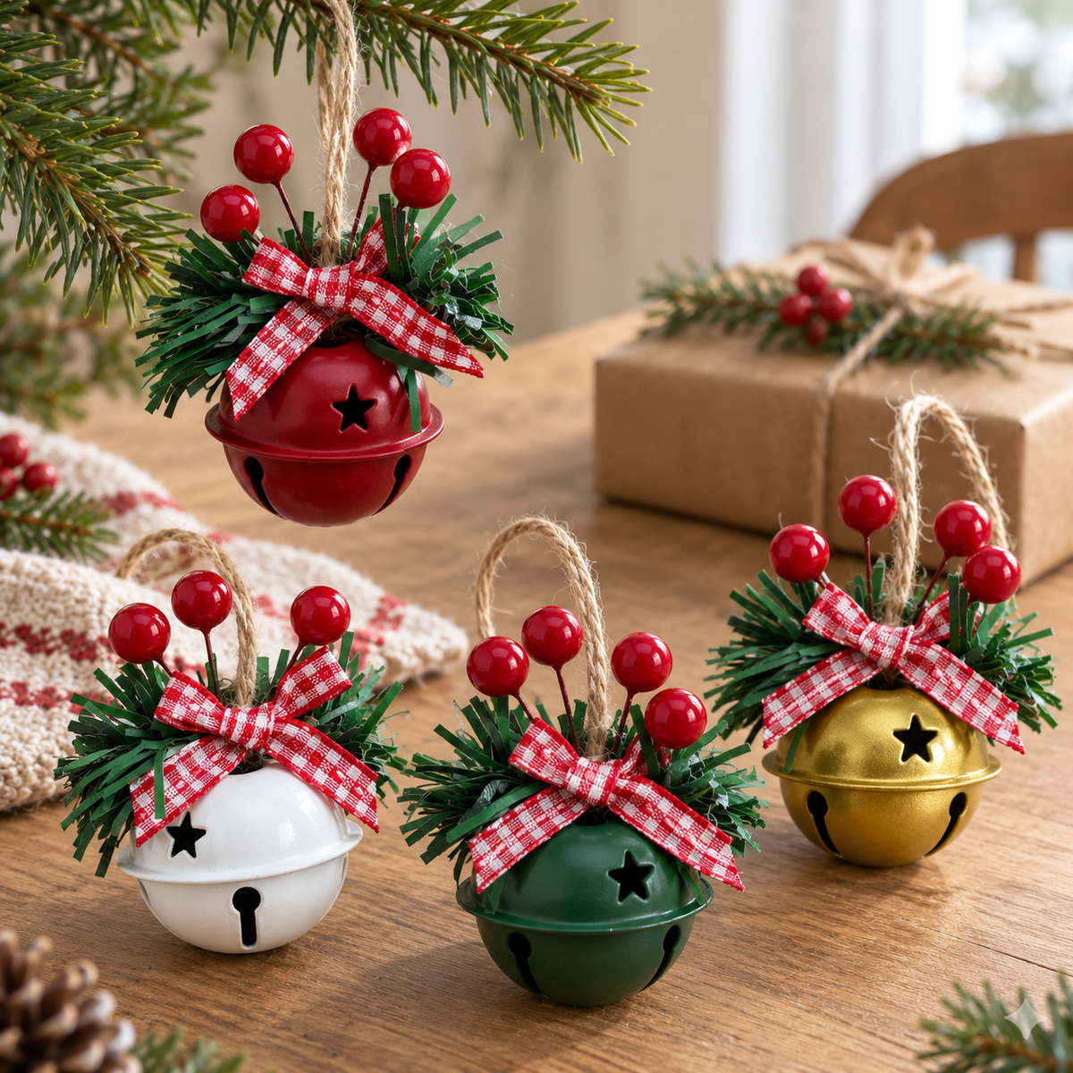 Rustic Christmas Jingle Bell Ornaments with Gingham Bows and Red Berries, 4 cm Hanging Decorations