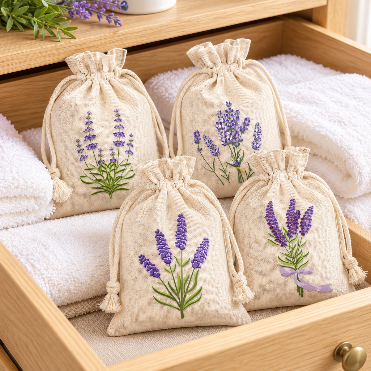 Lavender Print Cotton Drawstring Gift Pouch in Four Designs