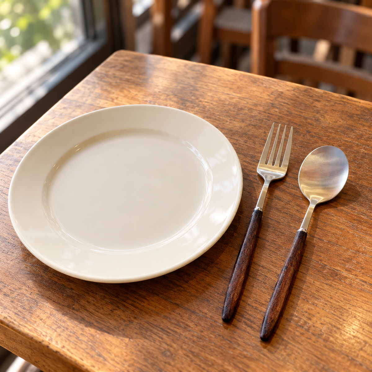 Dark Wood Look Handle Dining Fork and Spoon