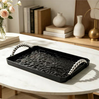Glossy Black Ripple Surface Rectangular Plastic Tray Contemporary Serving Tray Sleek Countertop Organizer Display Platter