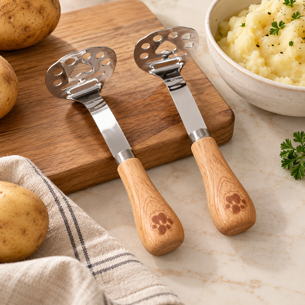 Stainless Steel Paw Print Potato Masher with Wooden Handle