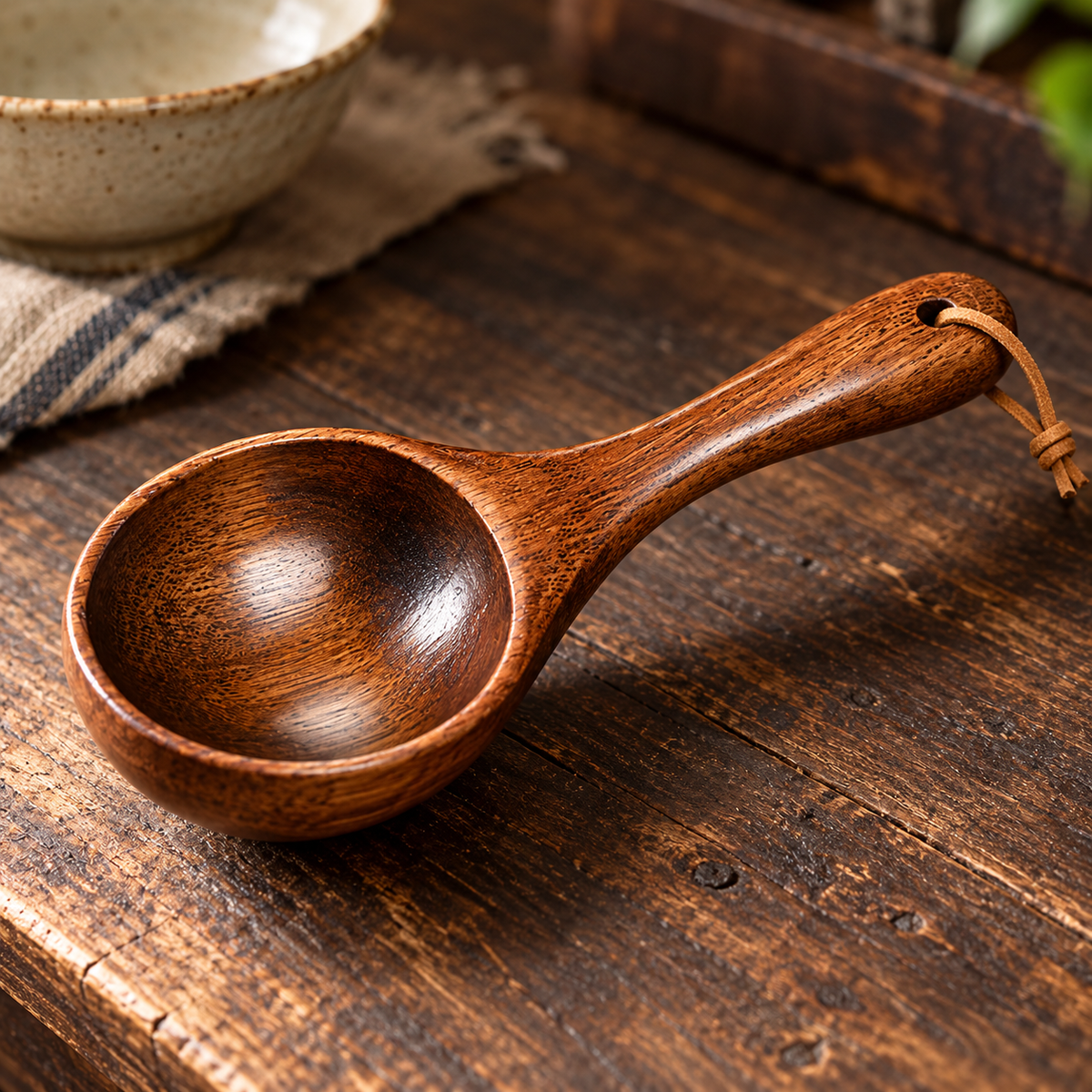 Rustic Ke Wood Soup Ladle with Aged Lacquer Finish and Hanging Cord