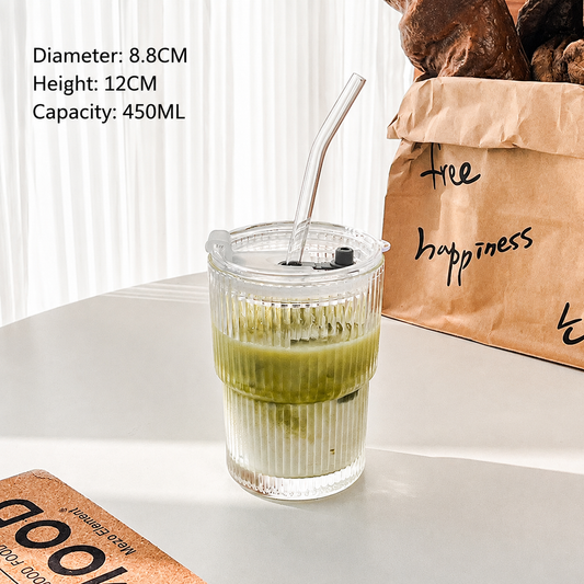 Striped Glass Coffee Cup with Lid & Straw – Iced Latte Tumbler