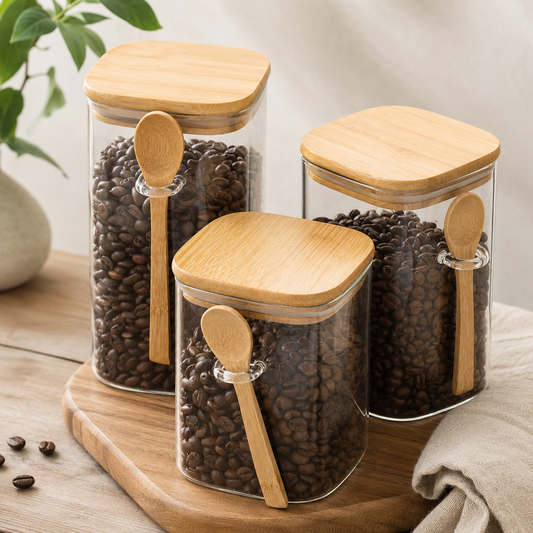 Glass Storage Jar with Bamboo Lid – High Borosilicate Spice Container with Scoop