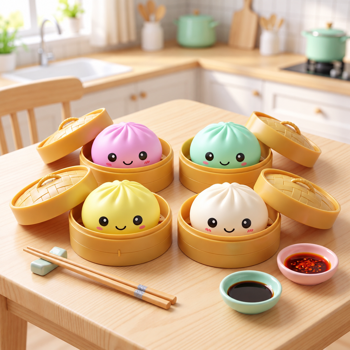 Cute Steamed Bun Squishy Stress Relief Toy with Bamboo Steamer Container