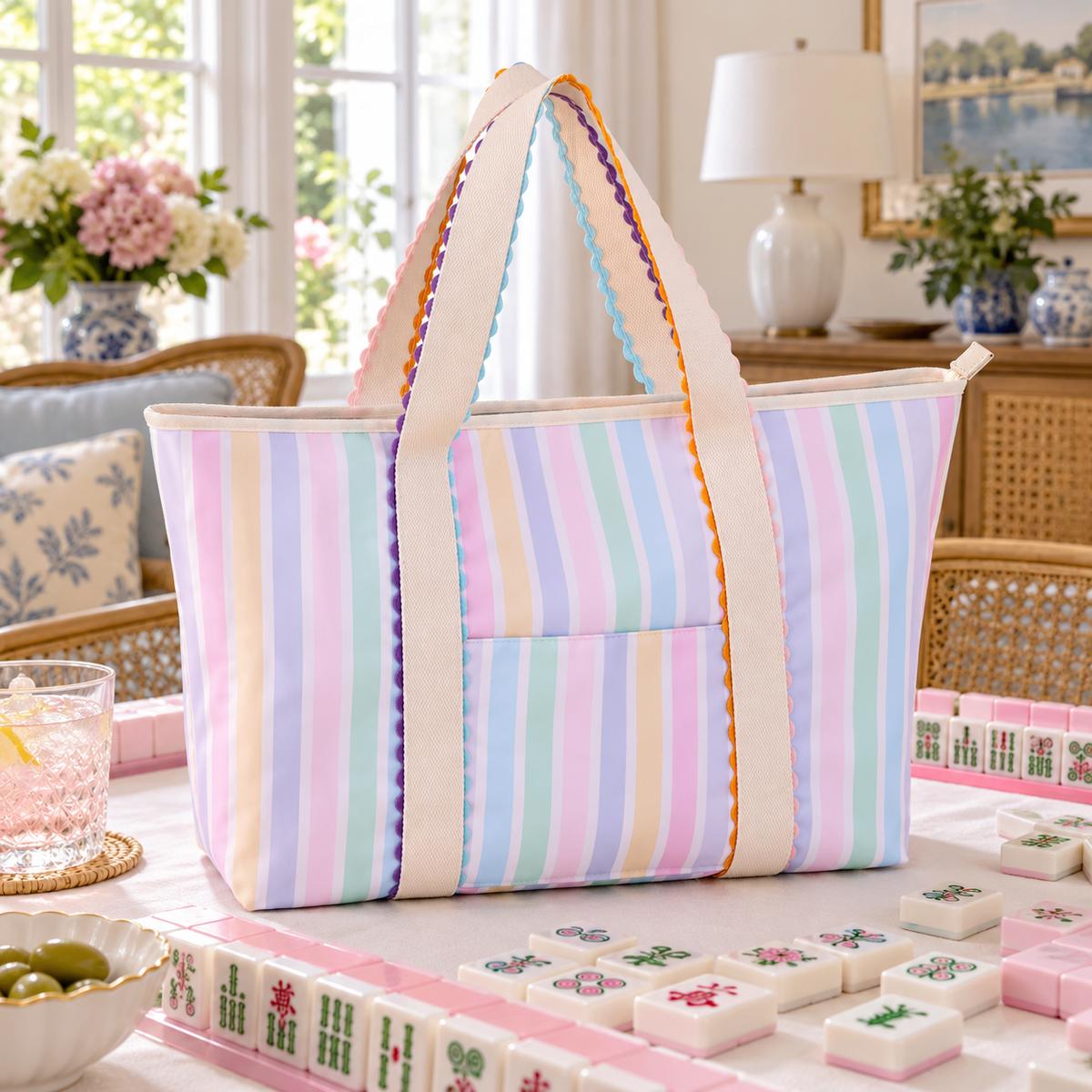 Pastel Striped Mahjong Tote Bag with Ric Rac Trim Handles
