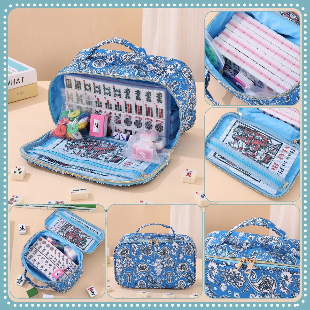 Mahjong Set Bag – Waist Bag with Printed Mahjong Pattern, Cosmetic Bag, Multi-Functional Large-Capacity Storage Organizer