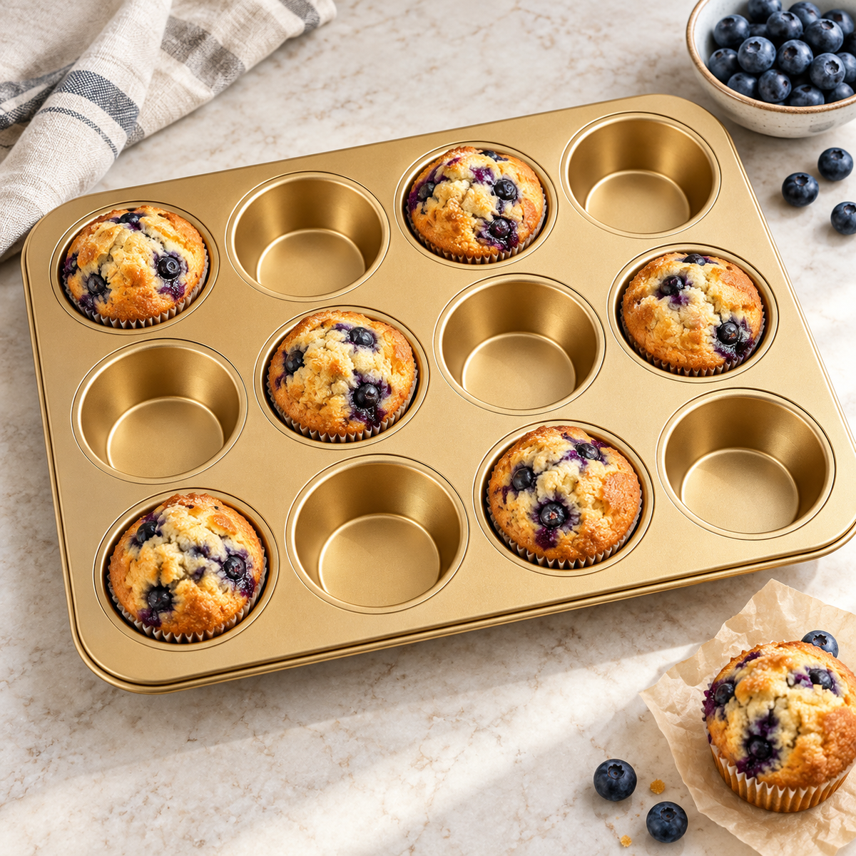 12-Cup Metal Muffin Pan, Mini Cupcake Baking Tray, Gold or Black