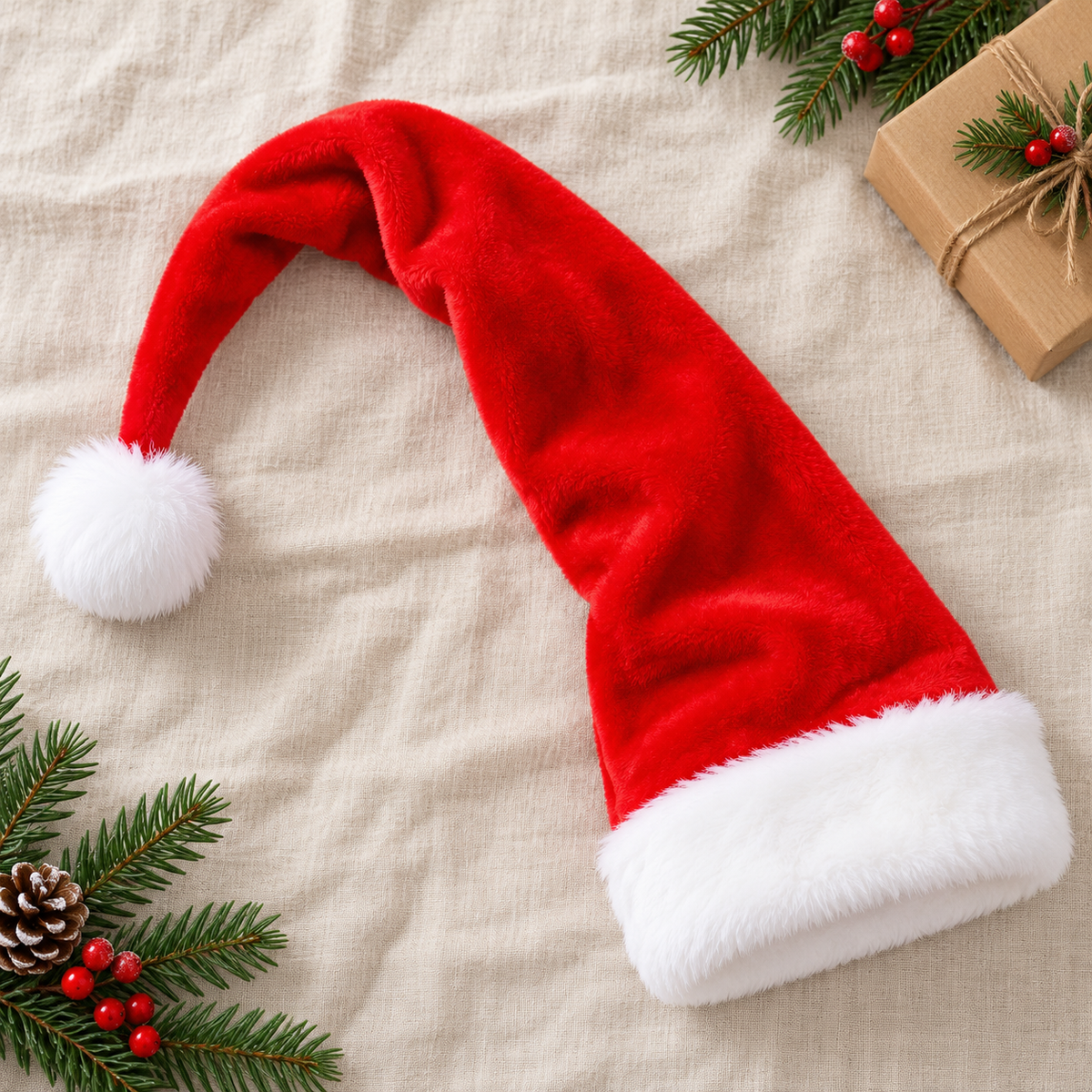 Extra Long Red Plush Santa Hat with White Trim and Pom Pom
