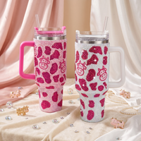 40oz Rhinestone Cow Pattern Stainless Steel Insulated Tumbler With Handle Large Travel Drink Cup
