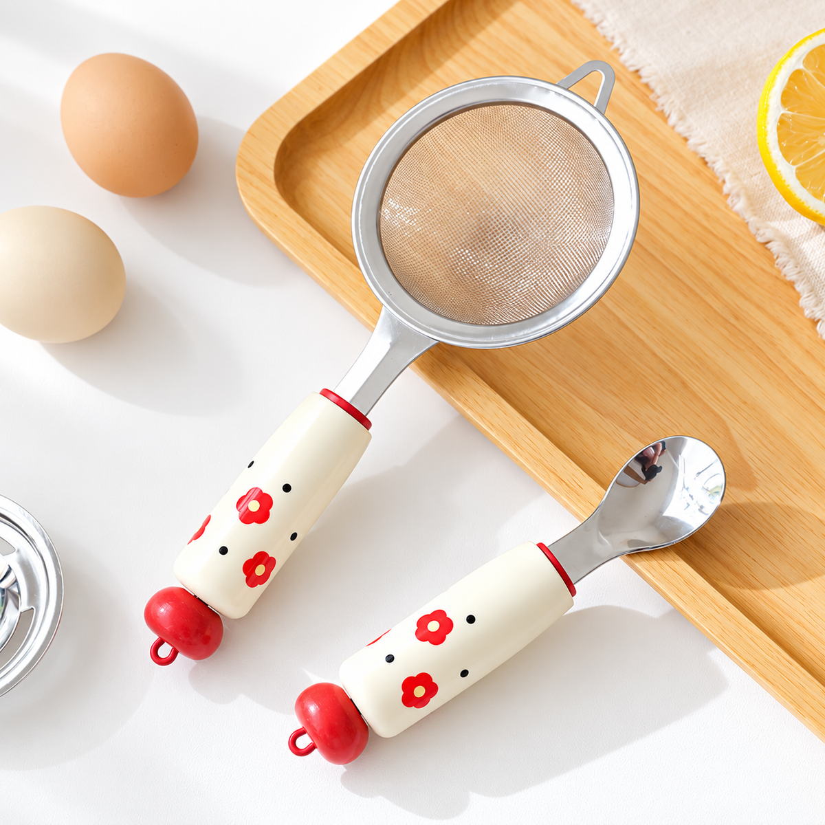 Cute Cartoon Handle Kitchen Utensils Spoon Potato Masher and Strainer