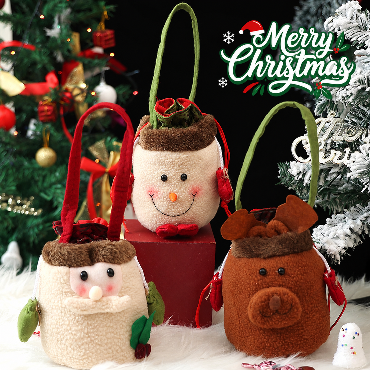 Christmas Plush Candy Gift Bag Cute Santa Snowman Reindeer Holiday Treat Basket