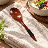 Wide Bowl Nanmu Wood Spoon with Black Cord Handle