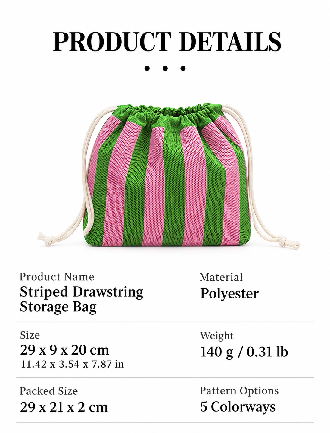 Striped Drawstring Makeup and Travel Storage Bag