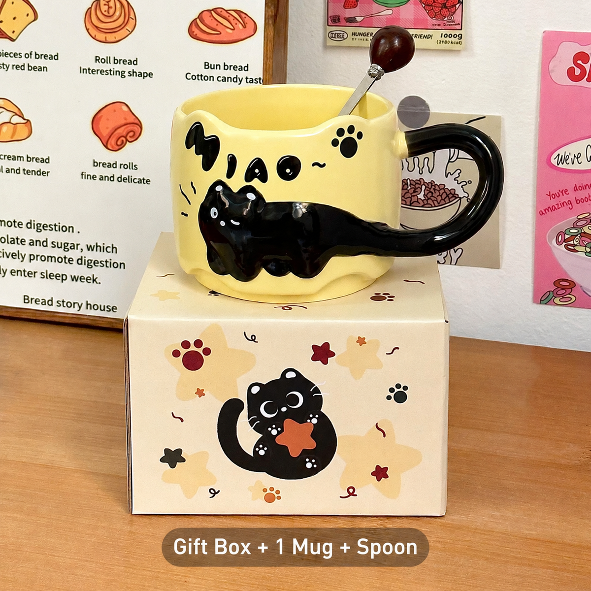 Cute Black Cat Ceramic Mug – 380ml Coffee Cup with Cat Tail Handle, Spoon and Gift Box in Four Colors