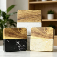 Square Acacia Wood and Marble Trivet Heat Resistant Pot Holder Kitchen Counter Protector Wooden Stone Hot Pad