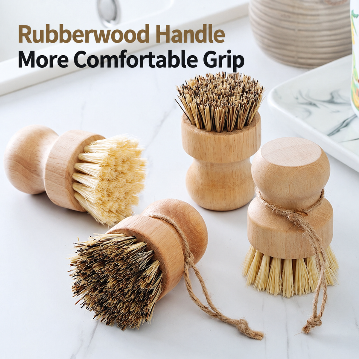 Natural Wooden Palm Bristle Pot Scrubber Kitchen Dish Cleaning Brush