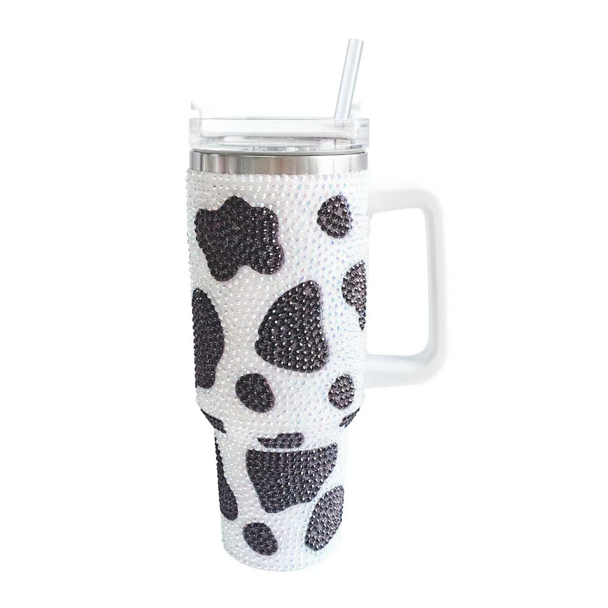 40oz Stainless Steel Cow Print Rhinestone Insulated Tumbler With Handle Large Travel Mug Sparkle Cup