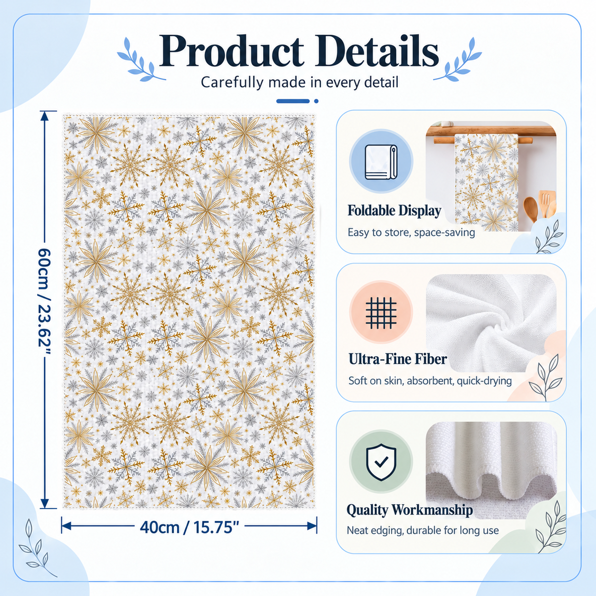 Christmas Kitchen Dish Towel Blue Snowman Snowflake Tree Print Decorative Holiday Tea Towel