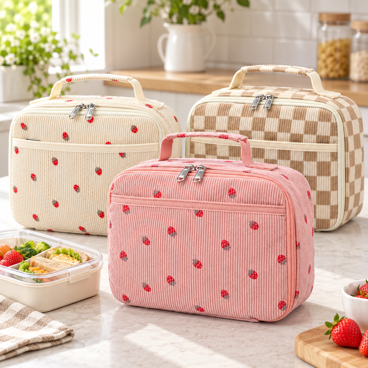 Strawberry and Gingham Oxford Fabric Lunch Bag with Carry Handle