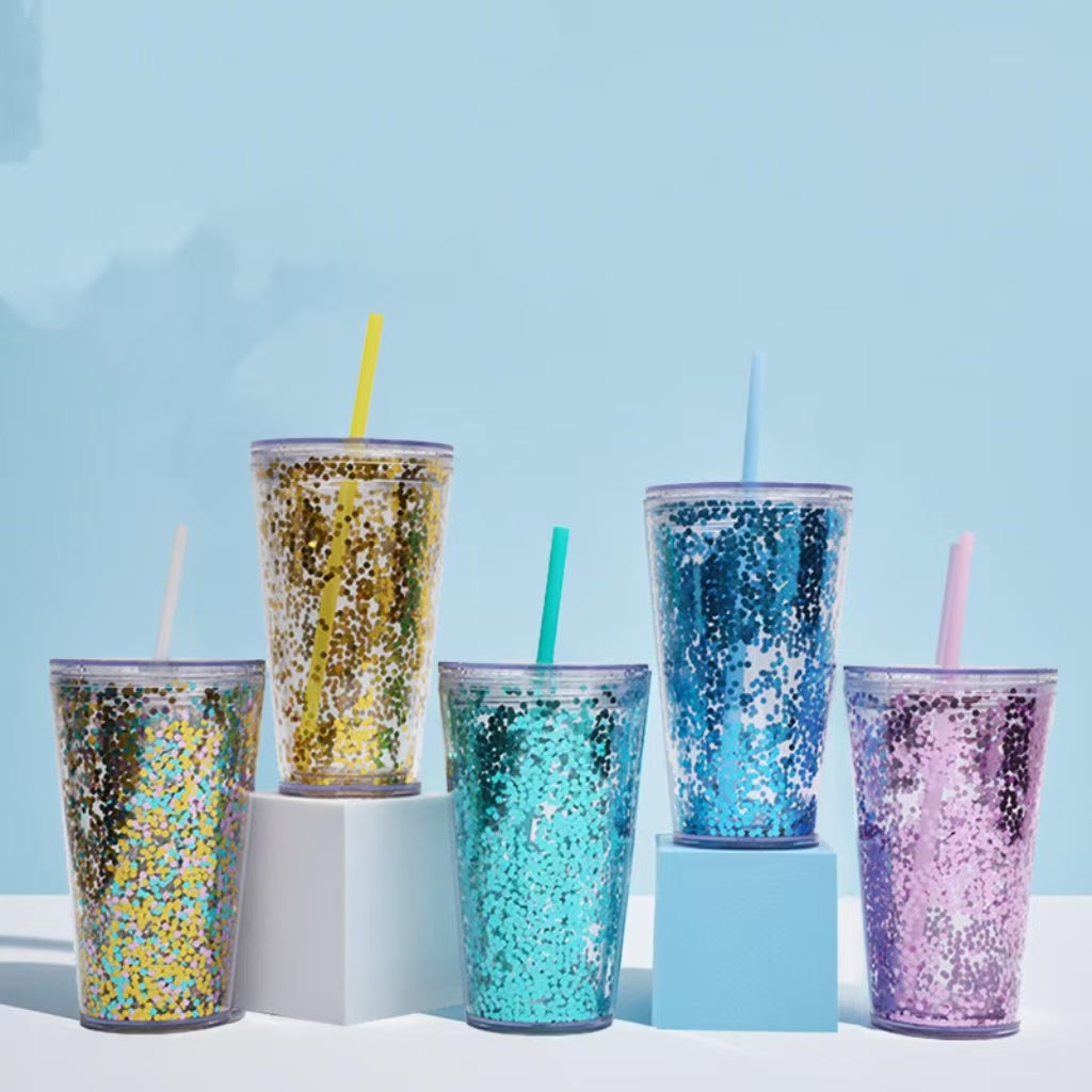 16oz Glitter Double Wall Tumbler with Straw